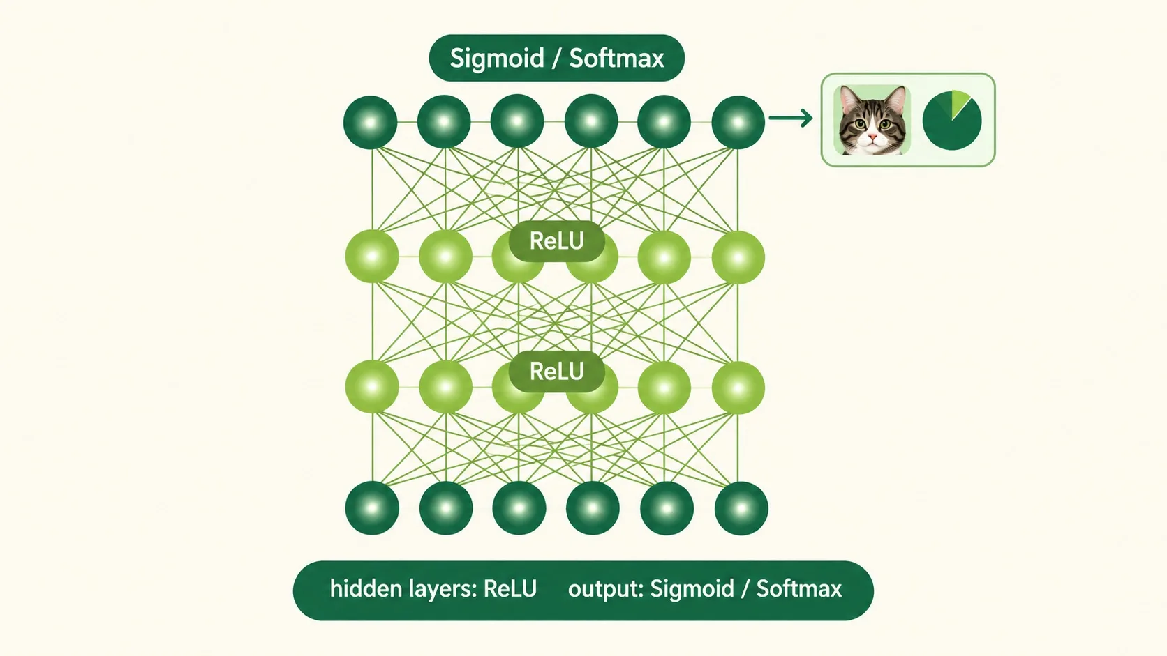 真实网络：中间层 ReLU，出口 Sigmoid / Softmax
