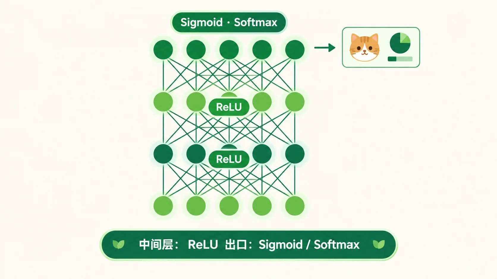 真实网络：中间层 ReLU，出口 Sigmoid / Softmax