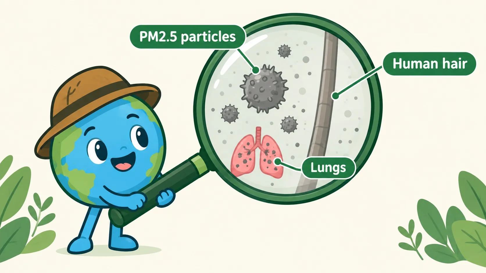 PM2.5 颗粒放大：和头发丝、肺对比
