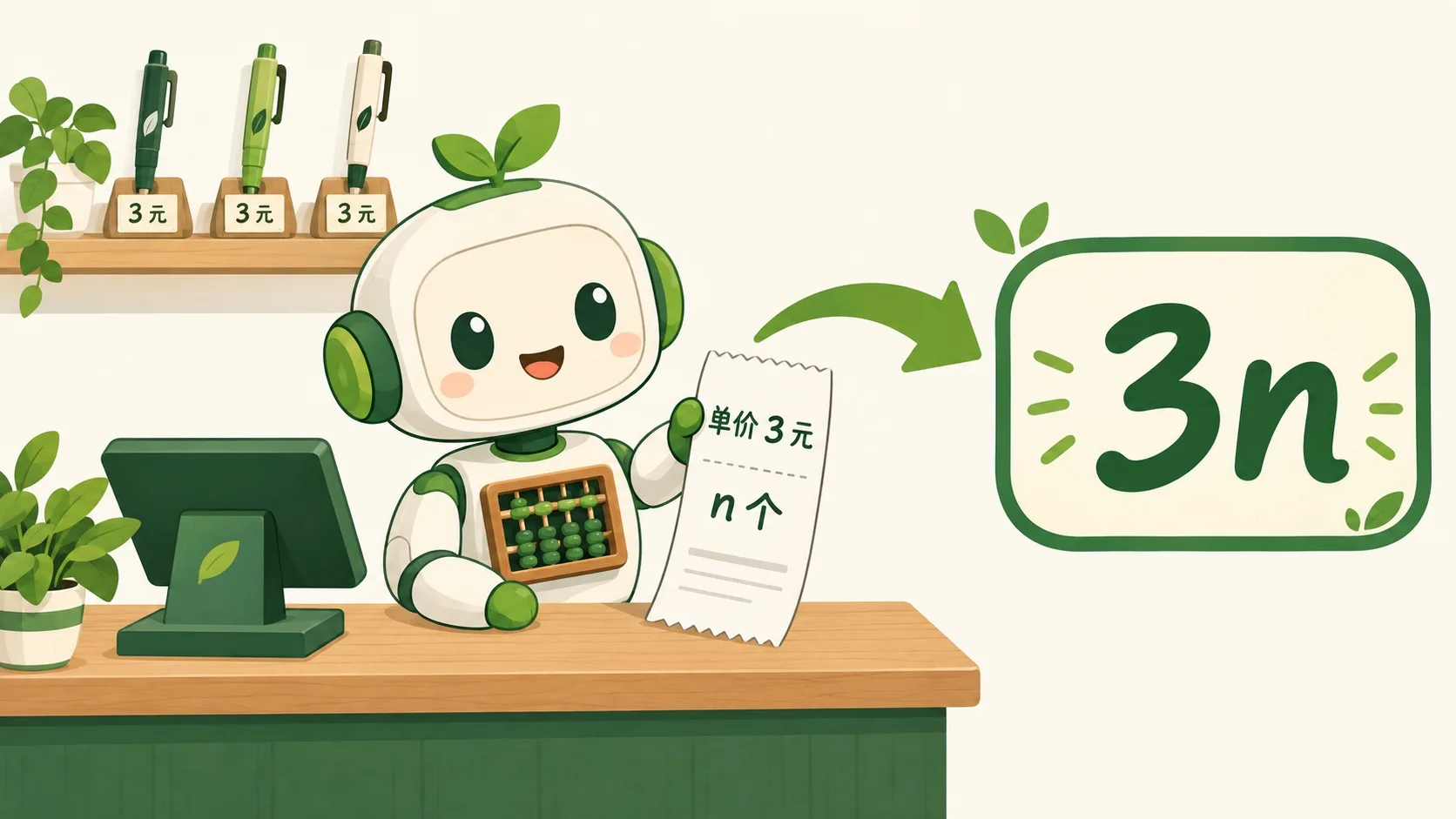 收银小票变式子：单价 3 元，买 n 个 → 3n