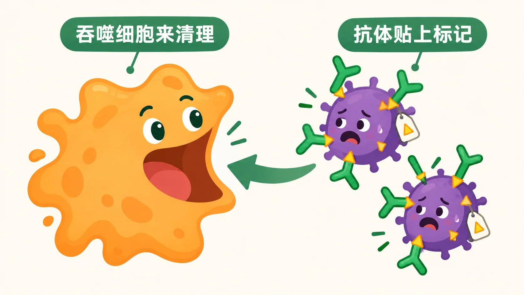 抗体标记病菌后吞噬细胞前来清理