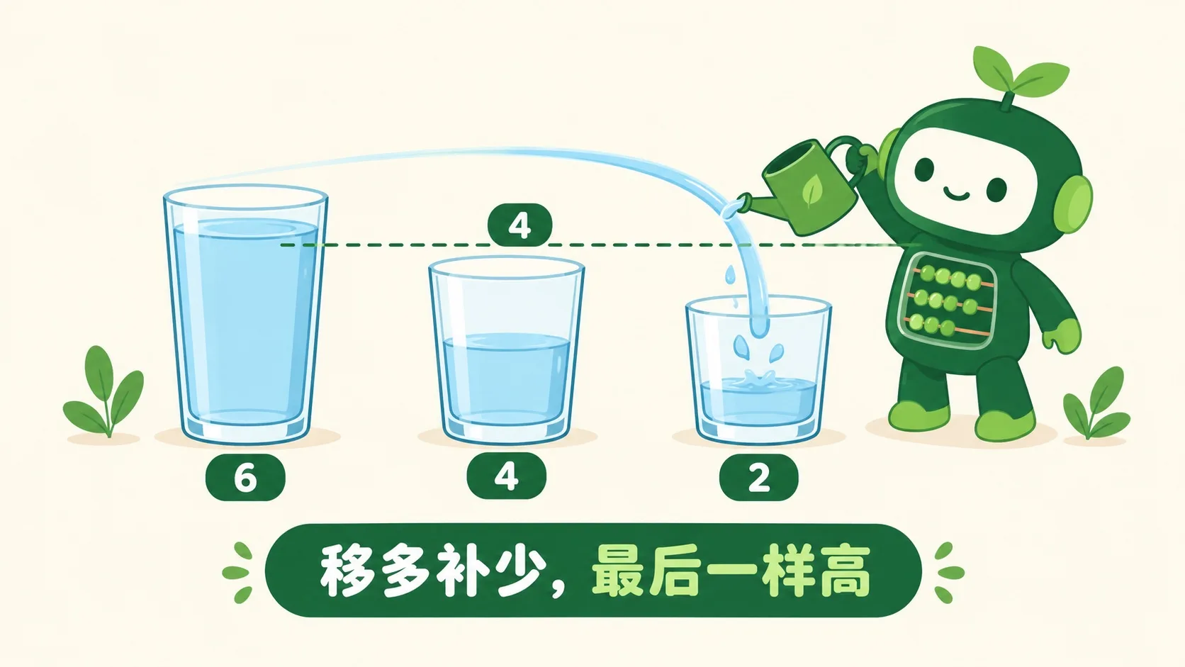 三个水杯水位 6、4、2，机器人把多的水倒给少的，齐平在 4