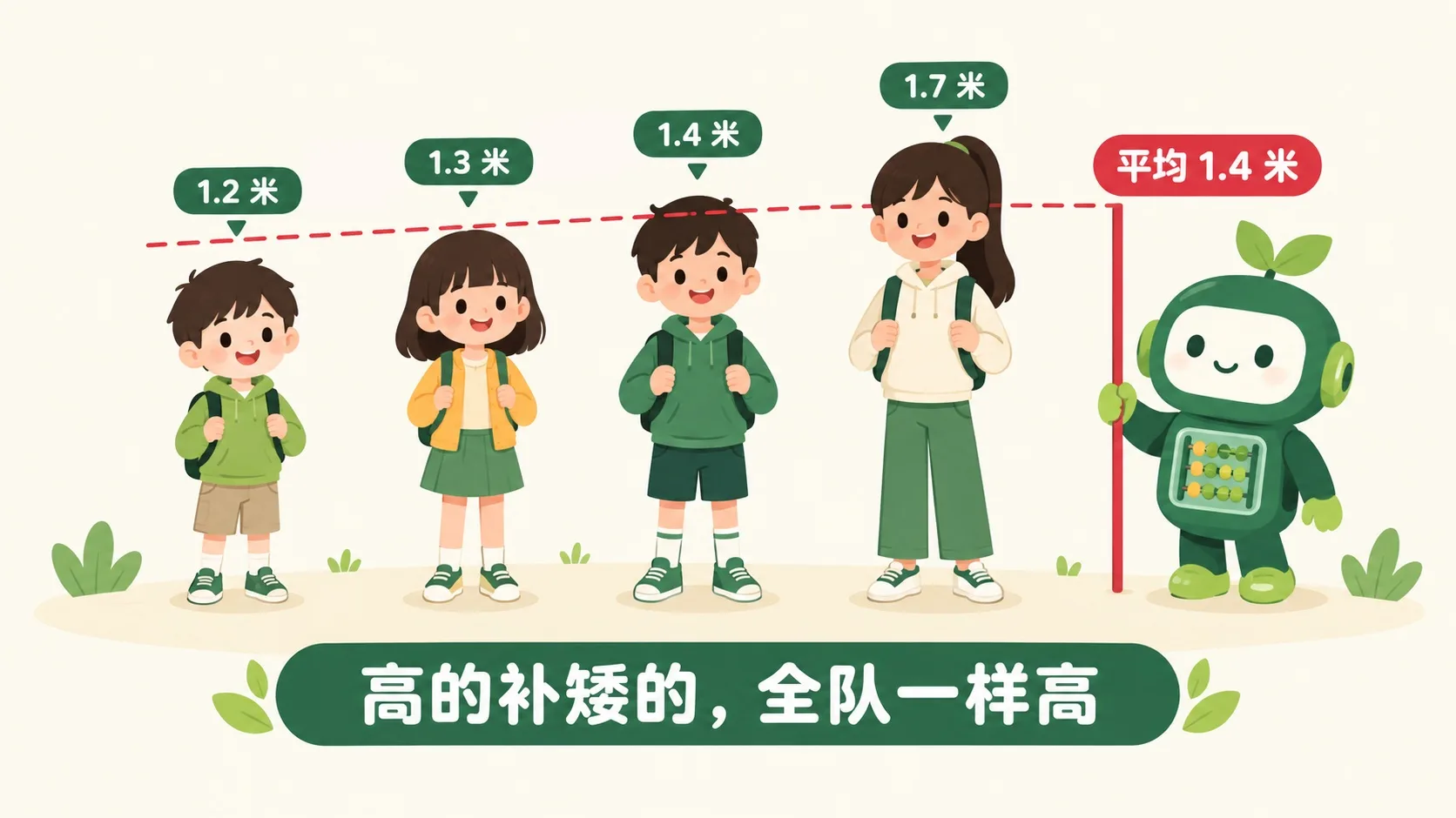 四位同学身高 1.2、1.3、1.4、1.7 米，平均线 1.4 米