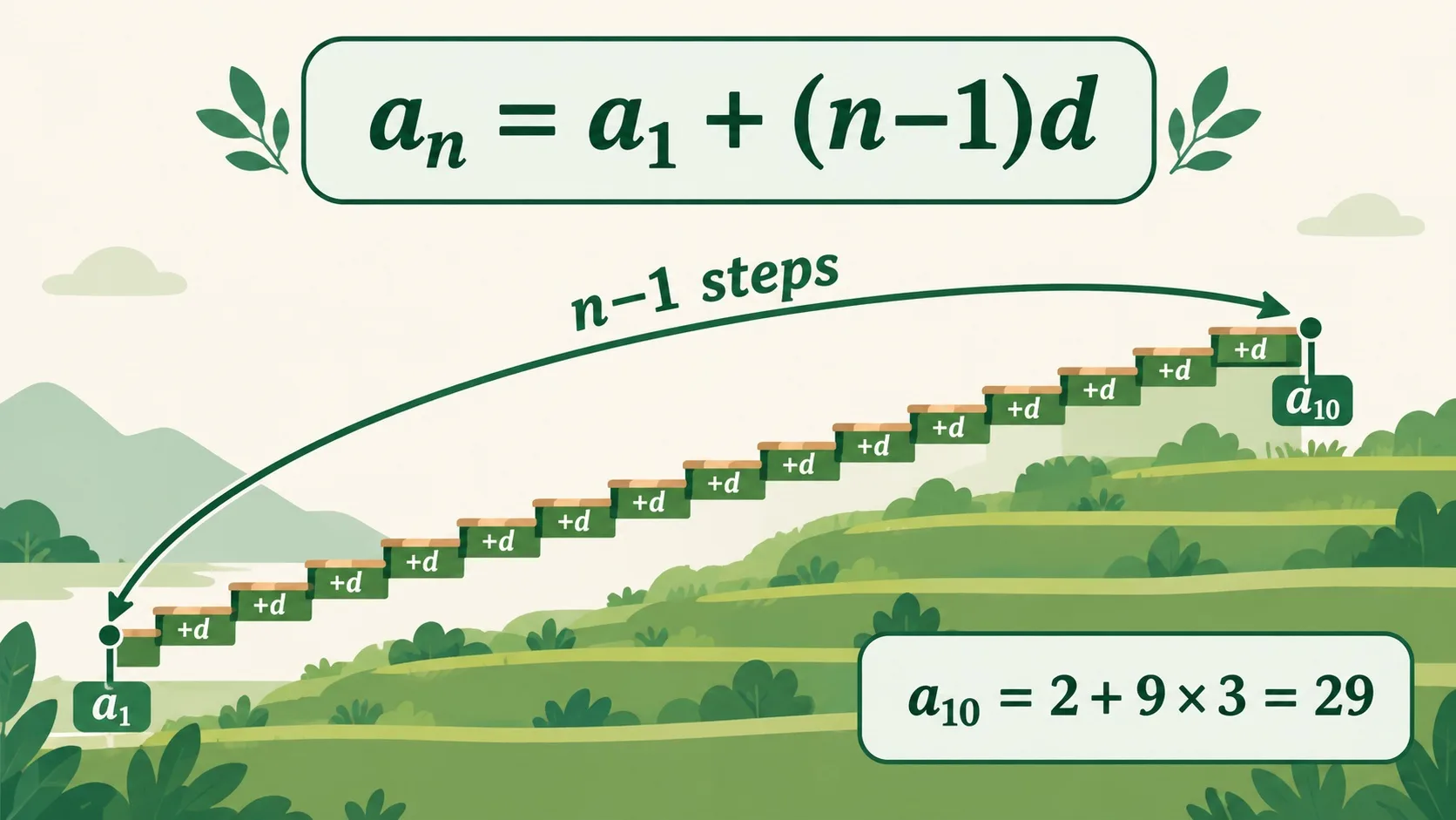 通项公式 aₙ = a₁ + (n−1)d 与 a₁₀ = 2 + 9 × 3 = 29