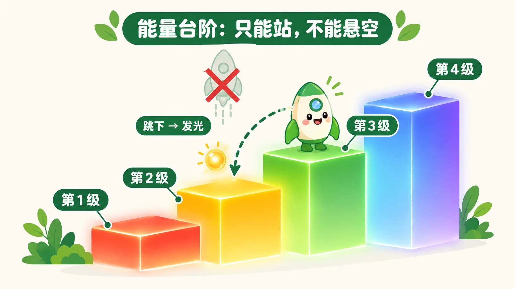 小火箭站在能量台阶上，跳下发光