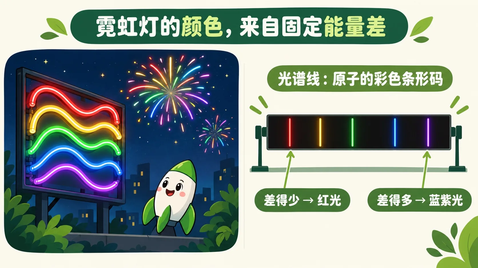霓虹灯与烟花颜色，来自固定能量差的光谱线