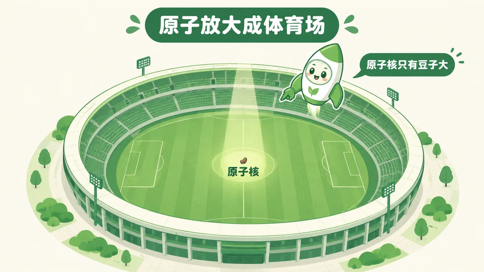 尺度对比：原子放大成体育场，原子核只有豆子大