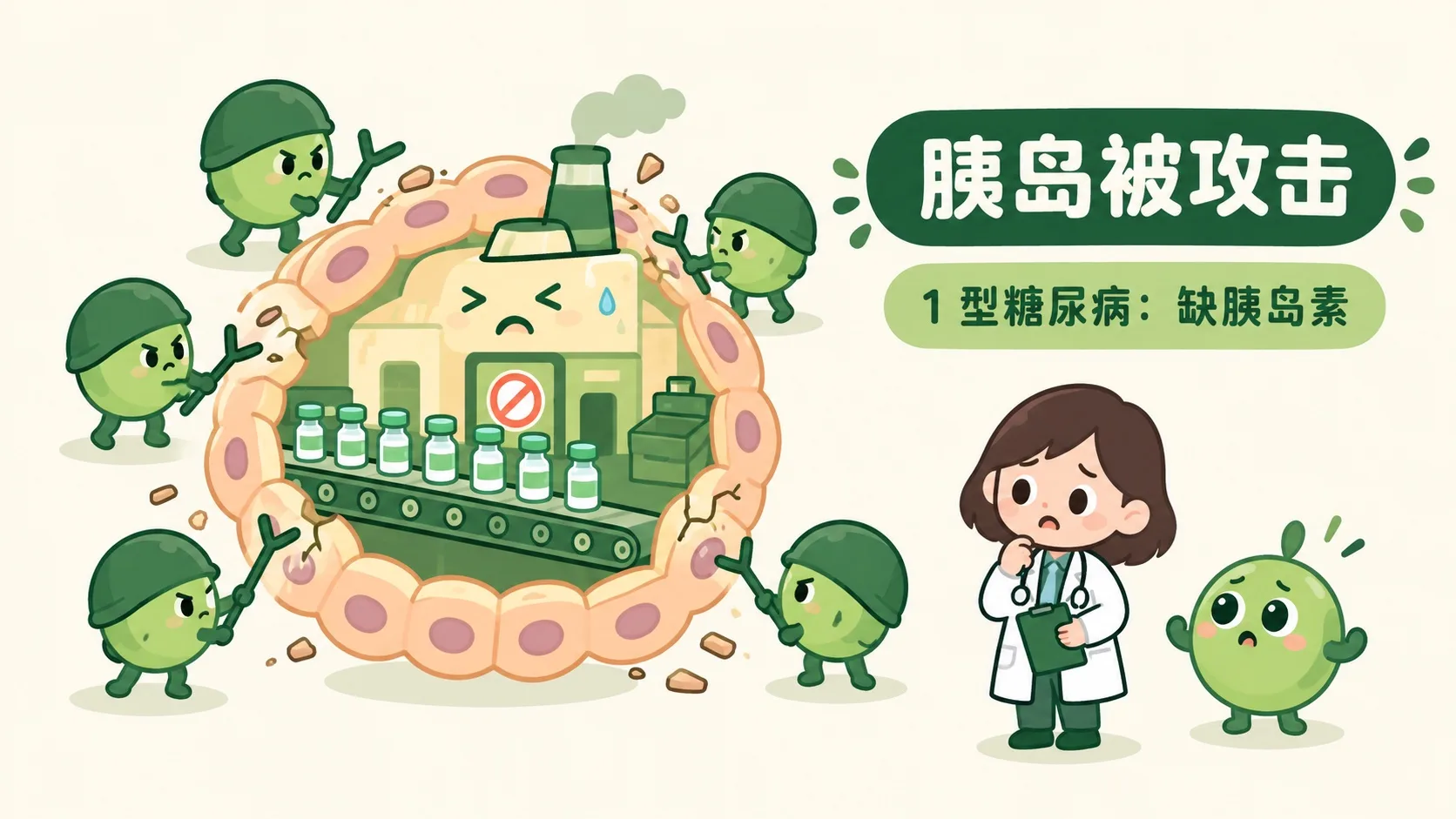 胰岛被攻击，1 型糖尿病缺胰岛素