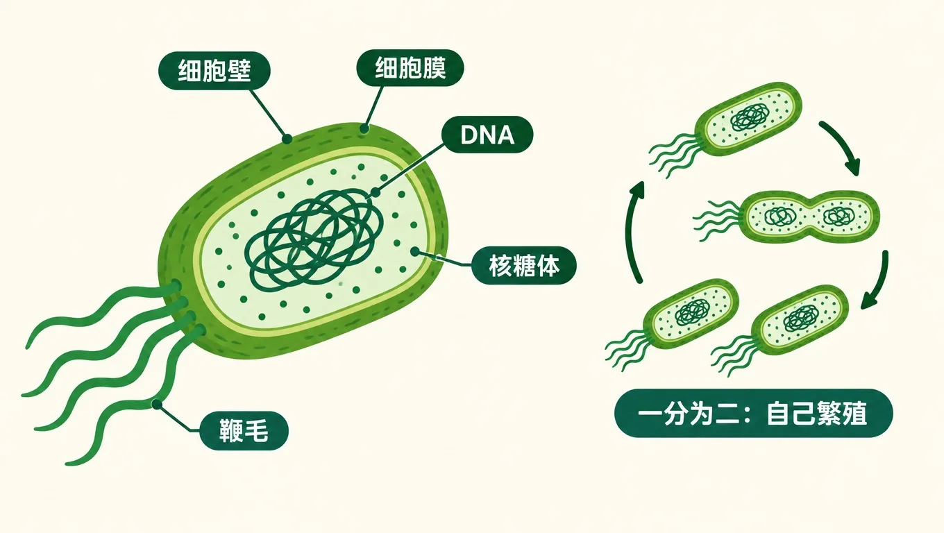 细菌细胞结构：细胞壁、DNA、鞭毛
