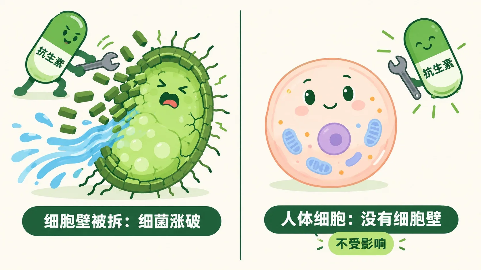 抗生素拆细胞壁，细菌涨破；人细胞无壁不受伤