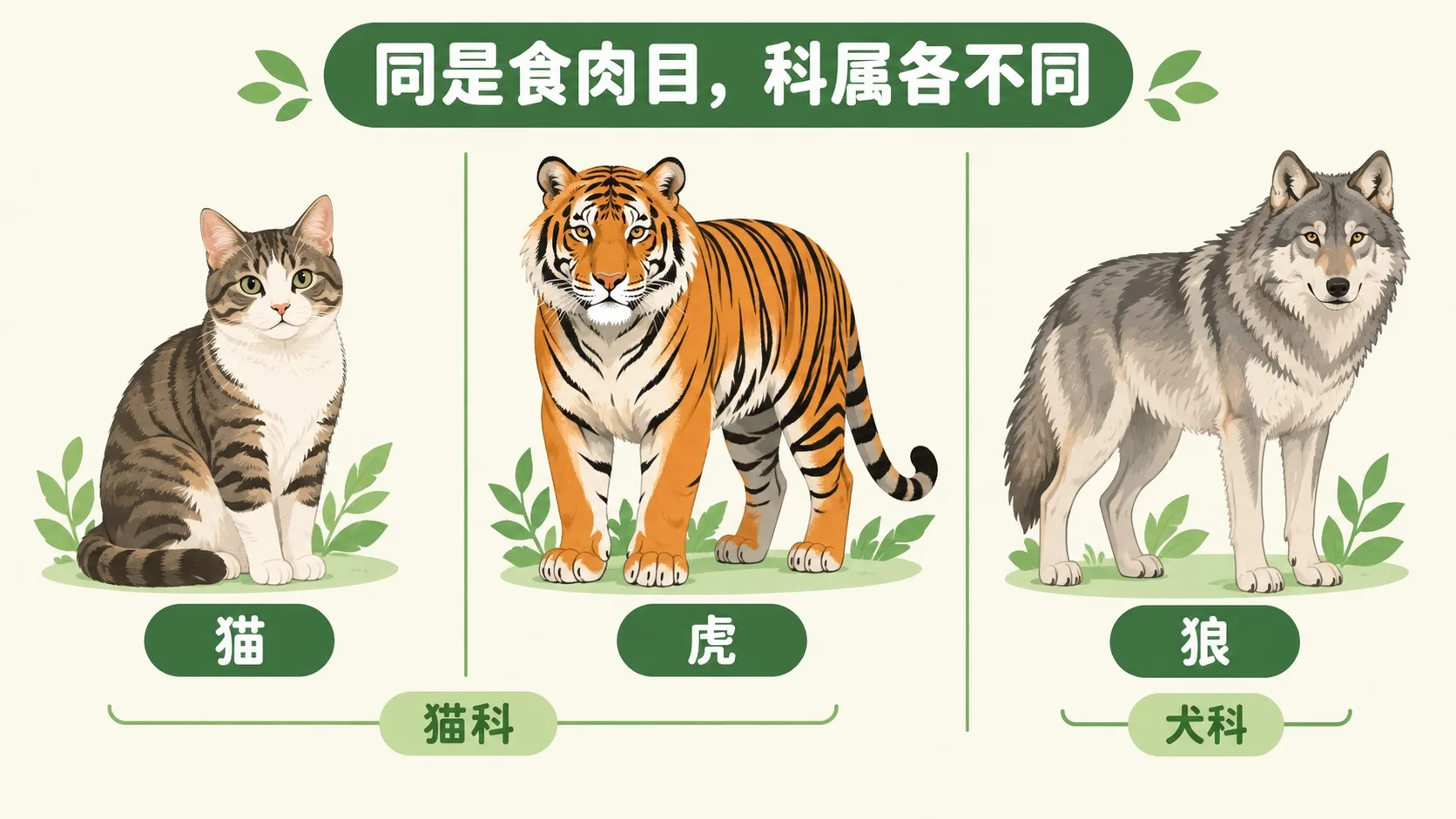 猫、虎、狼对比：同是食肉目，猫科与犬科不同