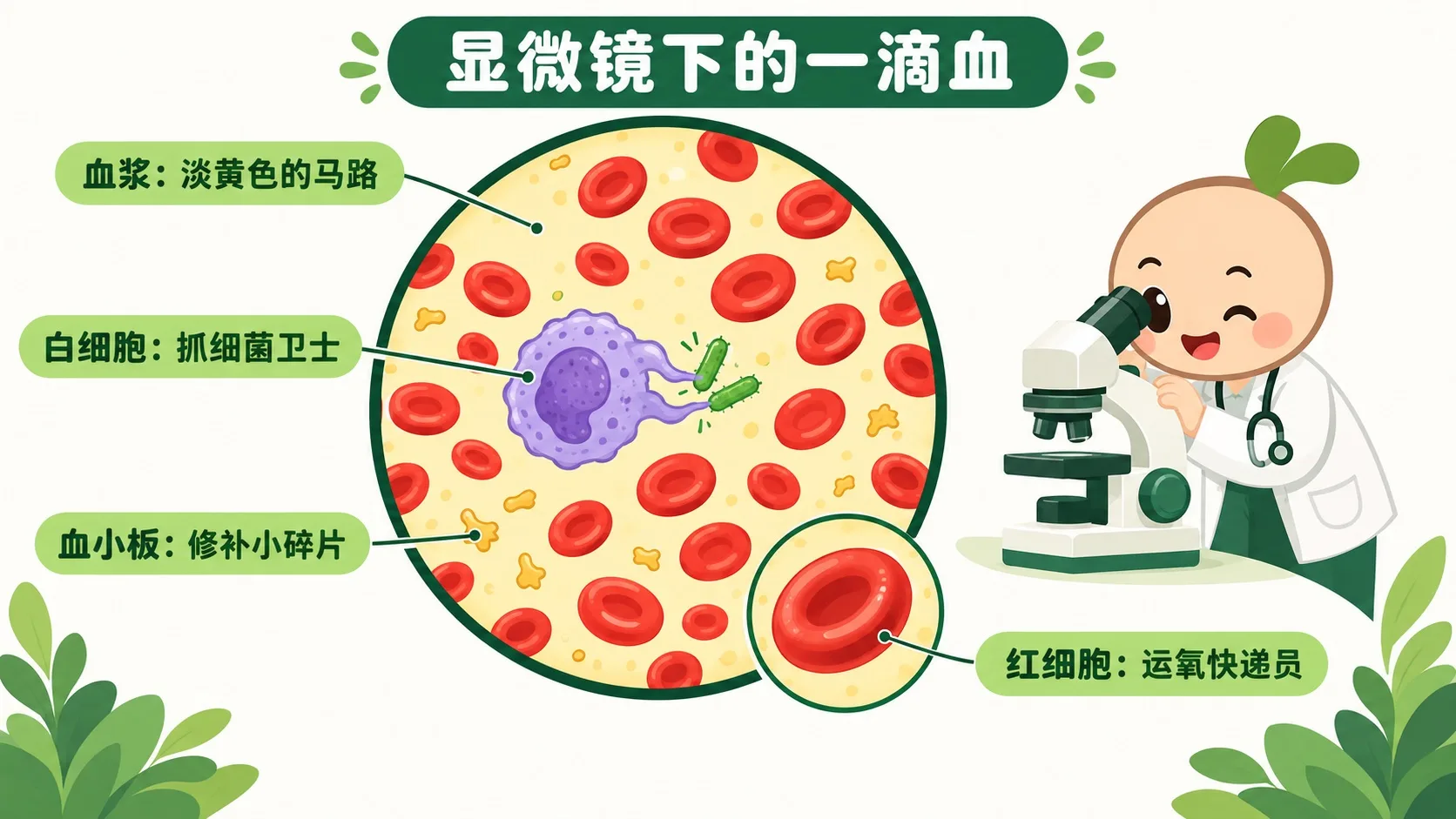 显微镜下的一滴血：血浆、红细胞、白细胞、血小板