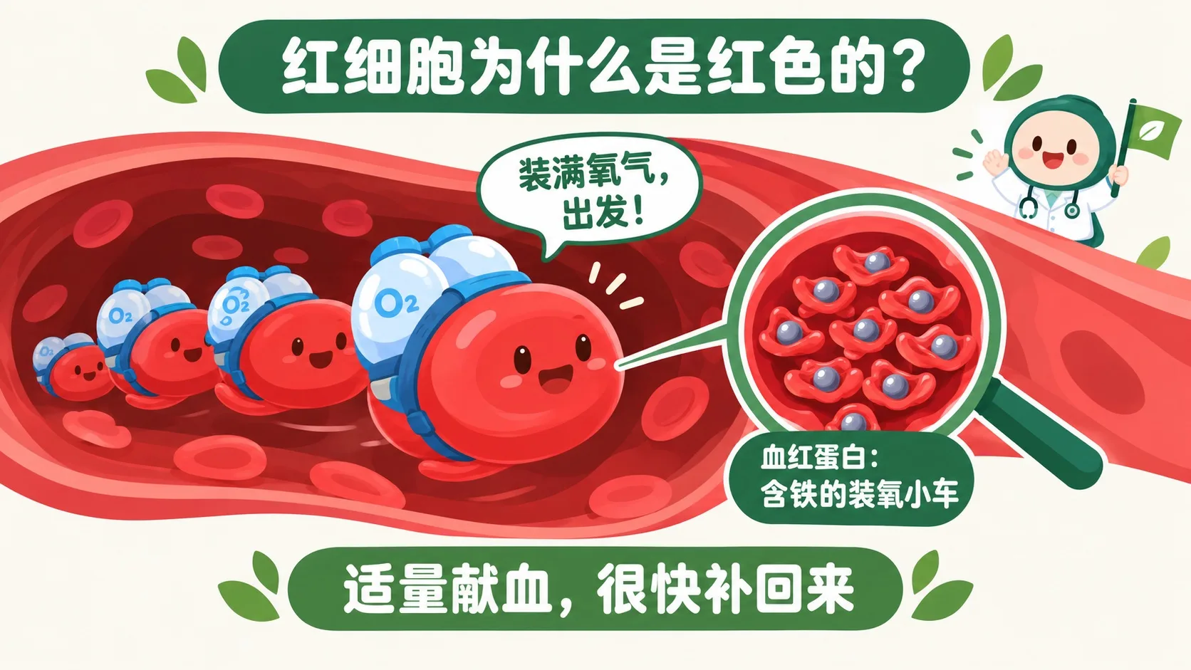血红蛋白含铁显红色，适量献血很快补回