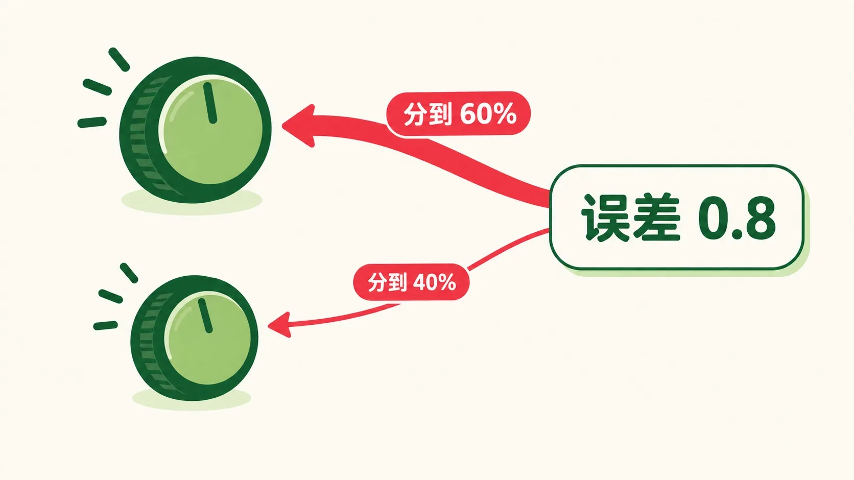 误差 0.8 分给两个旋钮：60% 与 40%