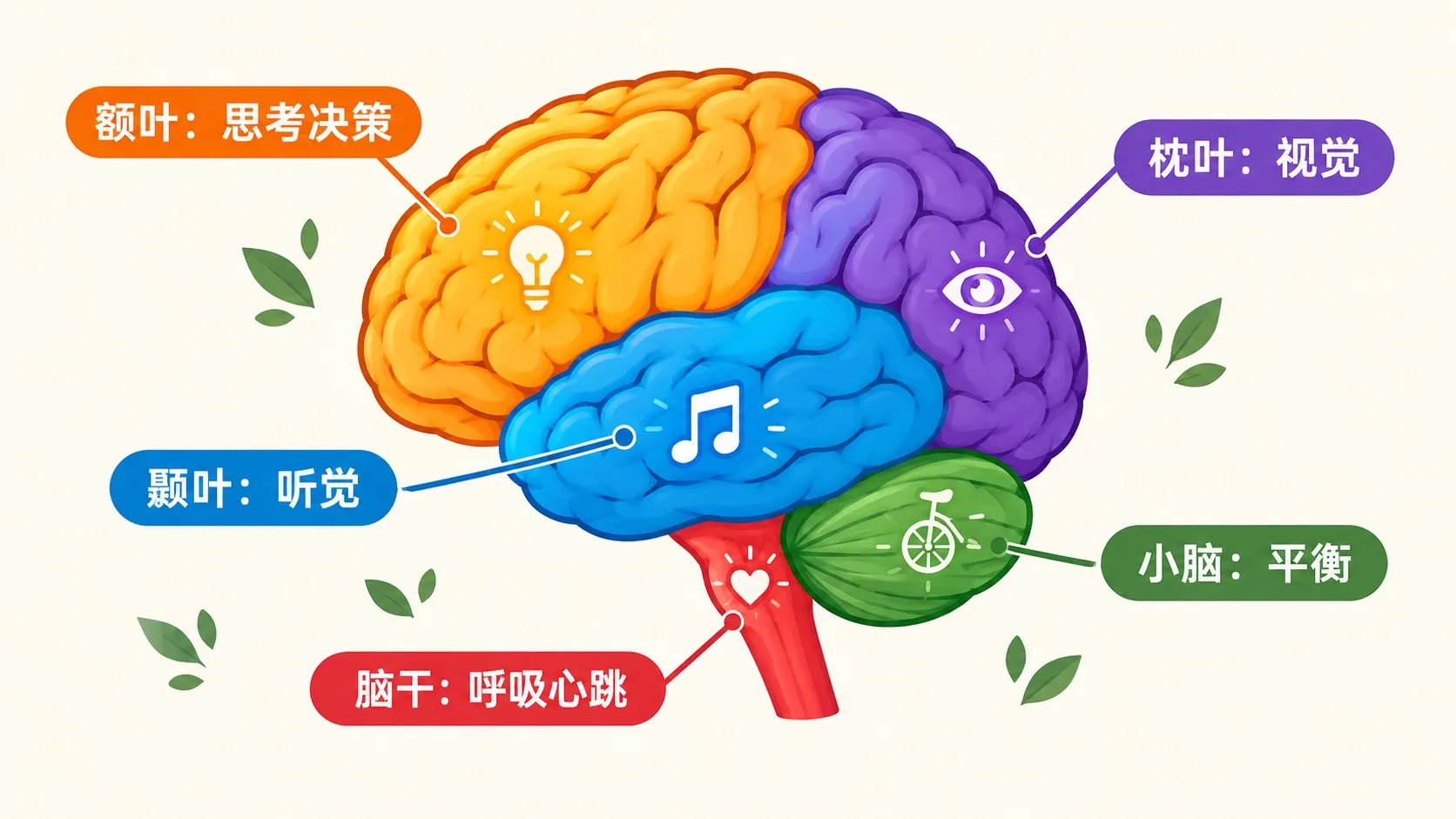 大脑分区彩色地图：额叶、枕叶、颞叶、小脑、脑干