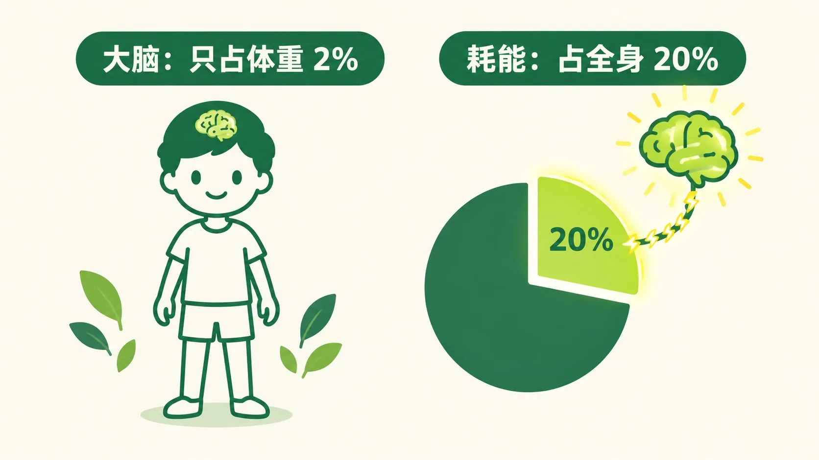 大脑耗能：占体重 2%，耗能占全身 20%