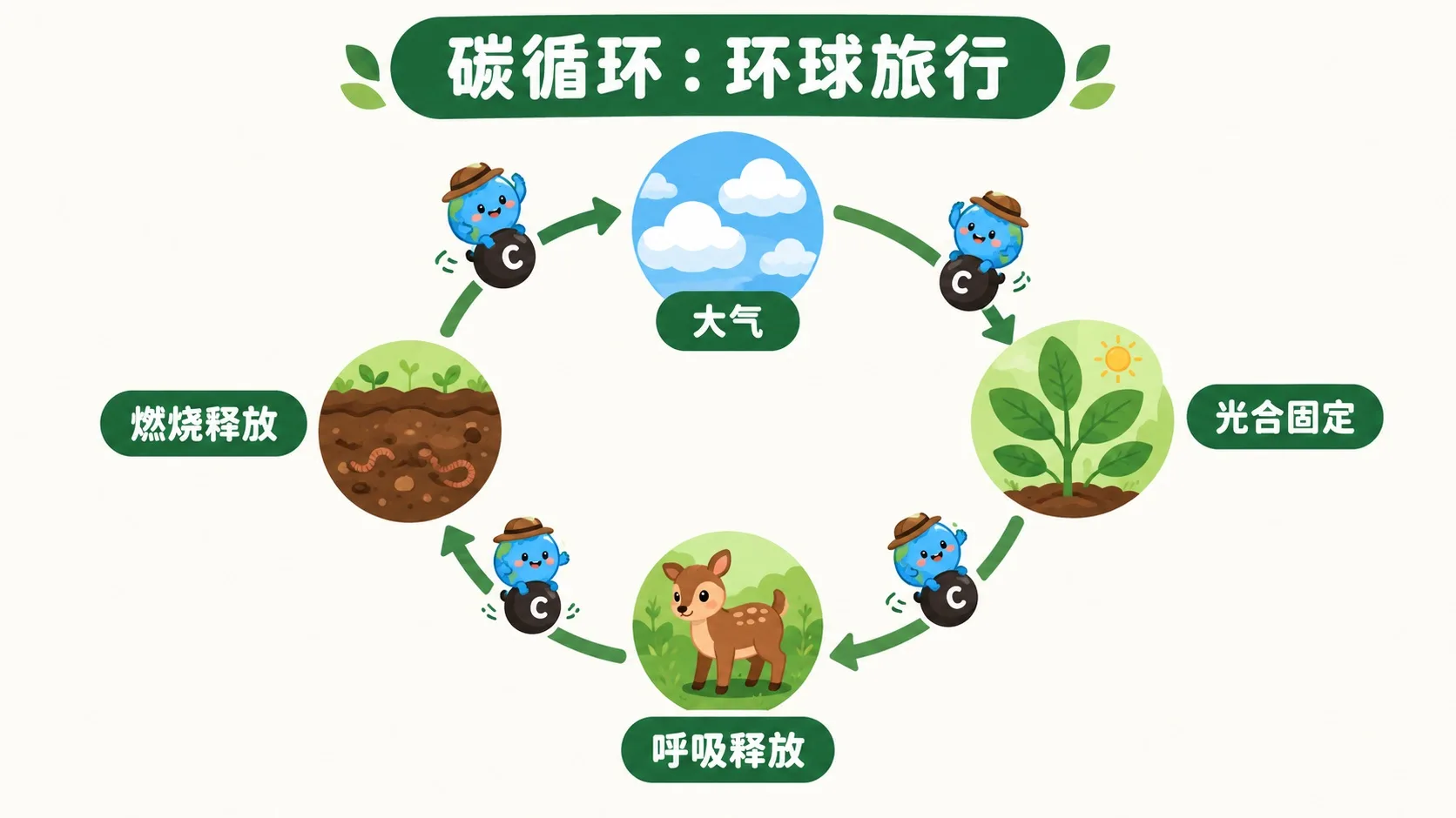 碳循环圈：光合固定呼吸释放燃烧释放