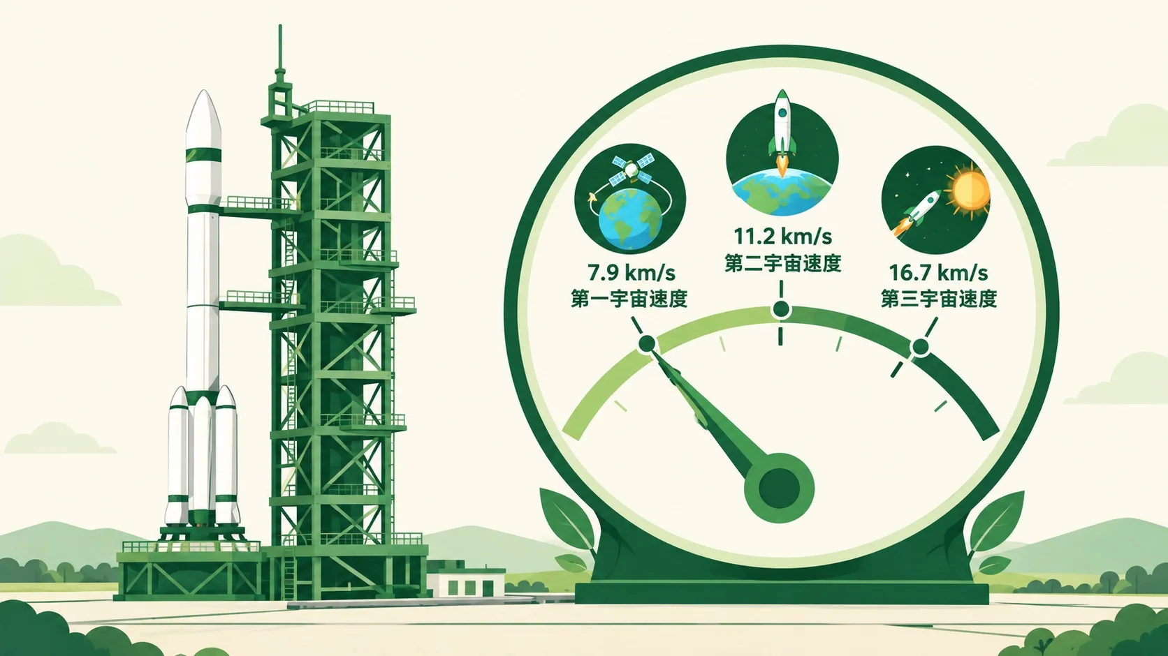 发射台表盘：7.9 / 11.2 / 16.7 km/s