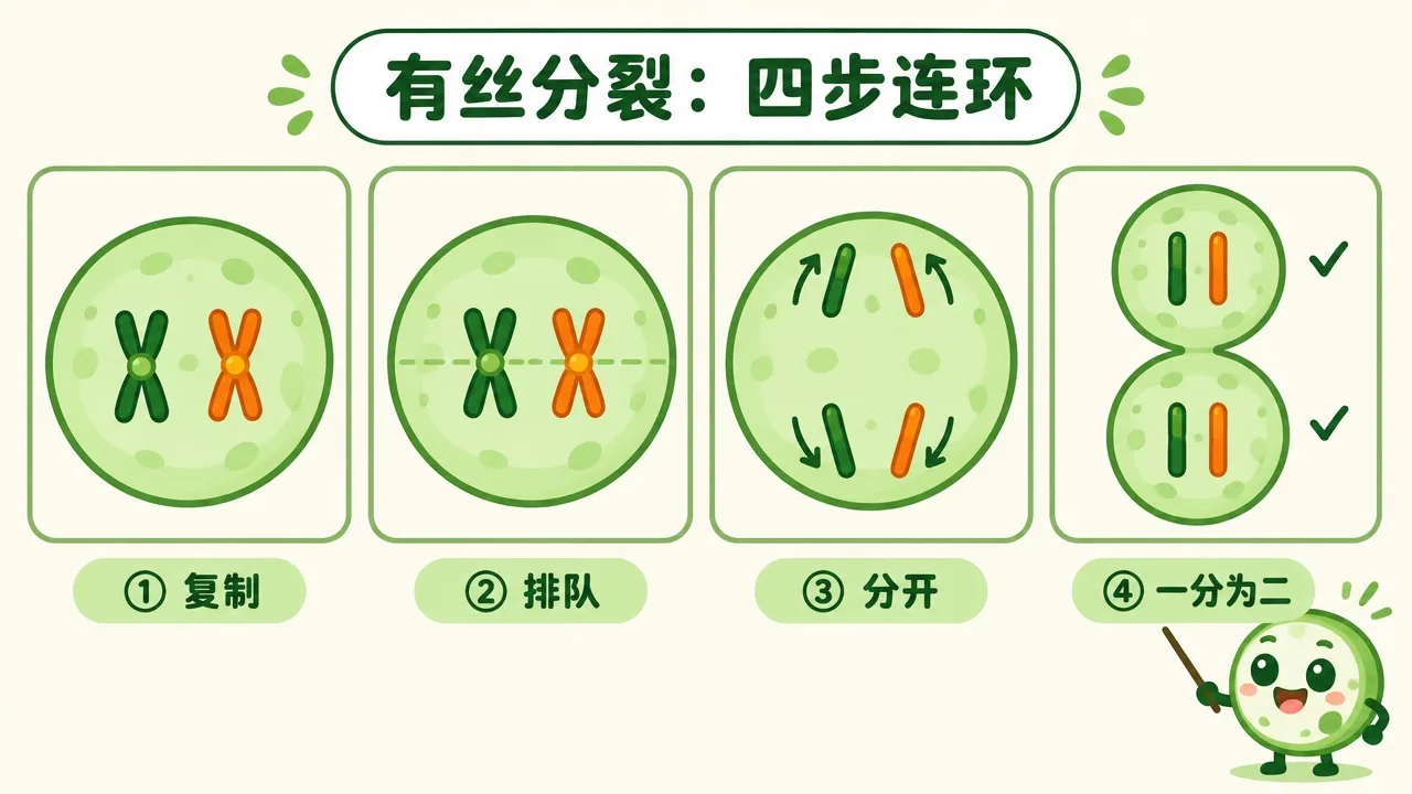有丝分裂四步连环：复制、排队、分开、一分为二