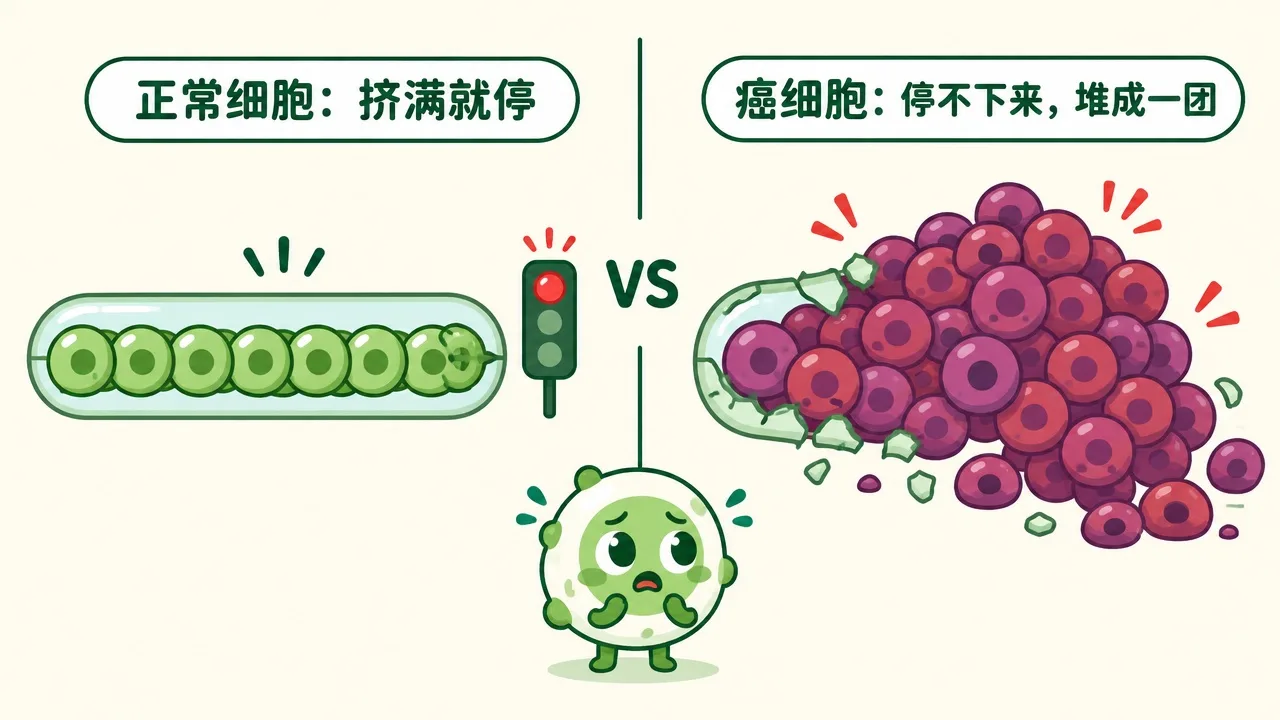 正常细胞挤满就停 vs 癌细胞停不下来堆成一团