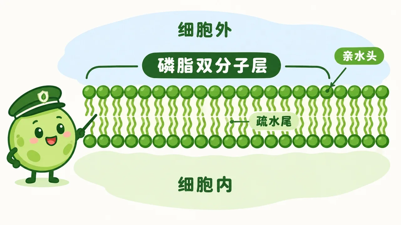 细胞膜剖面：磷脂双分子层，亲水头朝外、疏水尾朝内