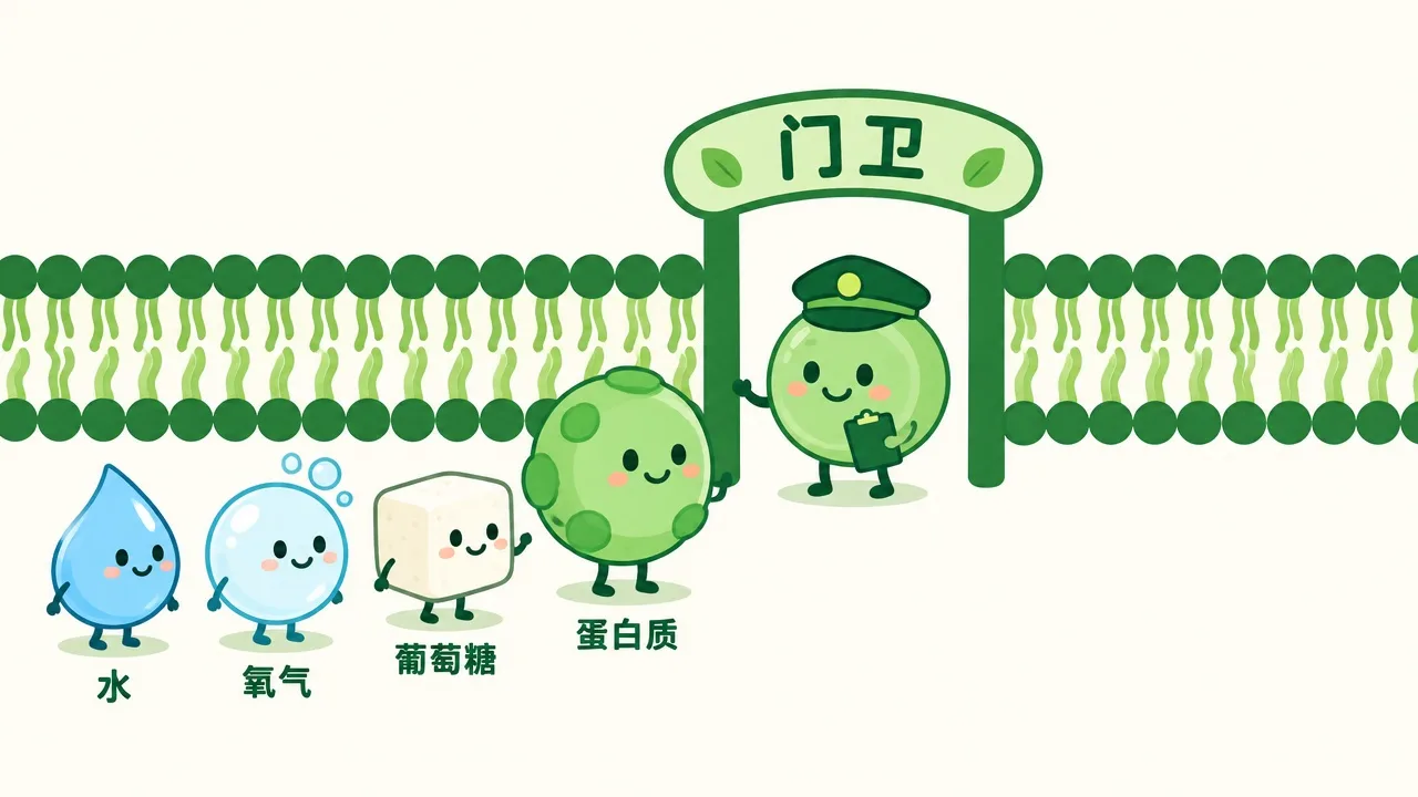 细胞膜像门卫，水、氧气、葡萄糖、蛋白质排队通过