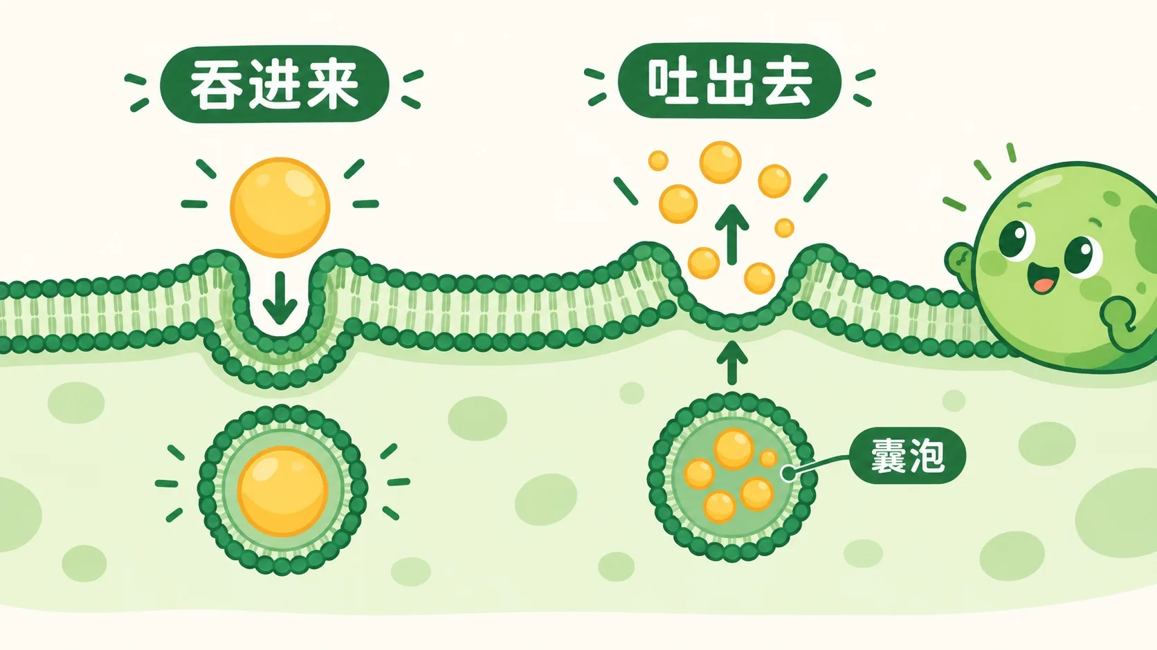 囊泡吞吐：大颗粒被膜包裹吞进细胞，废物装进囊泡吐出细胞