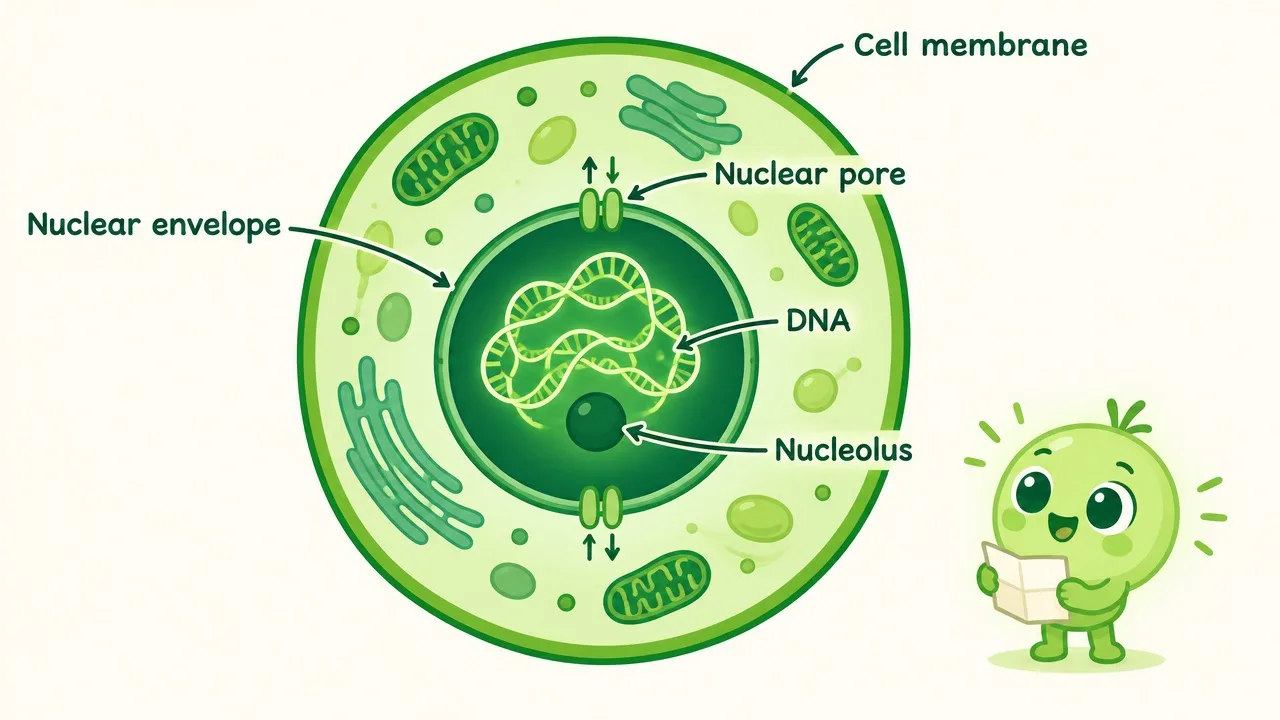 细胞核剖面：核膜、核孔、DNA 与核仁