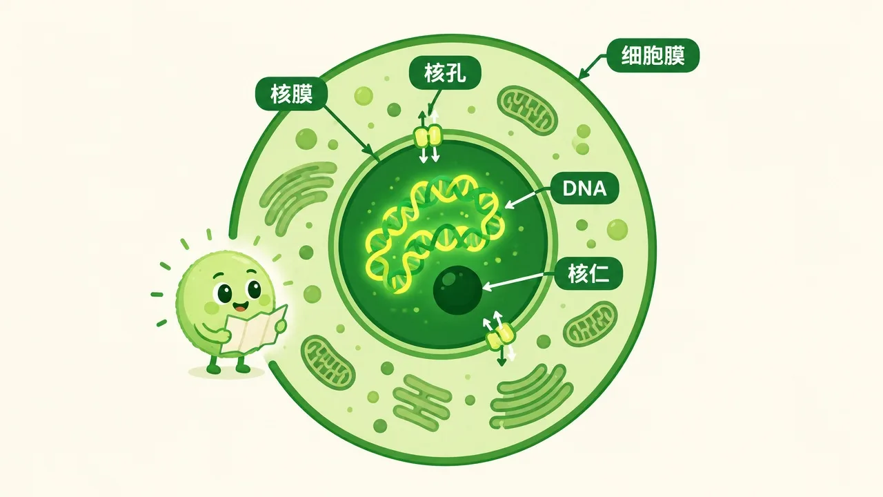 细胞核剖面：核膜、核孔、DNA 与核仁