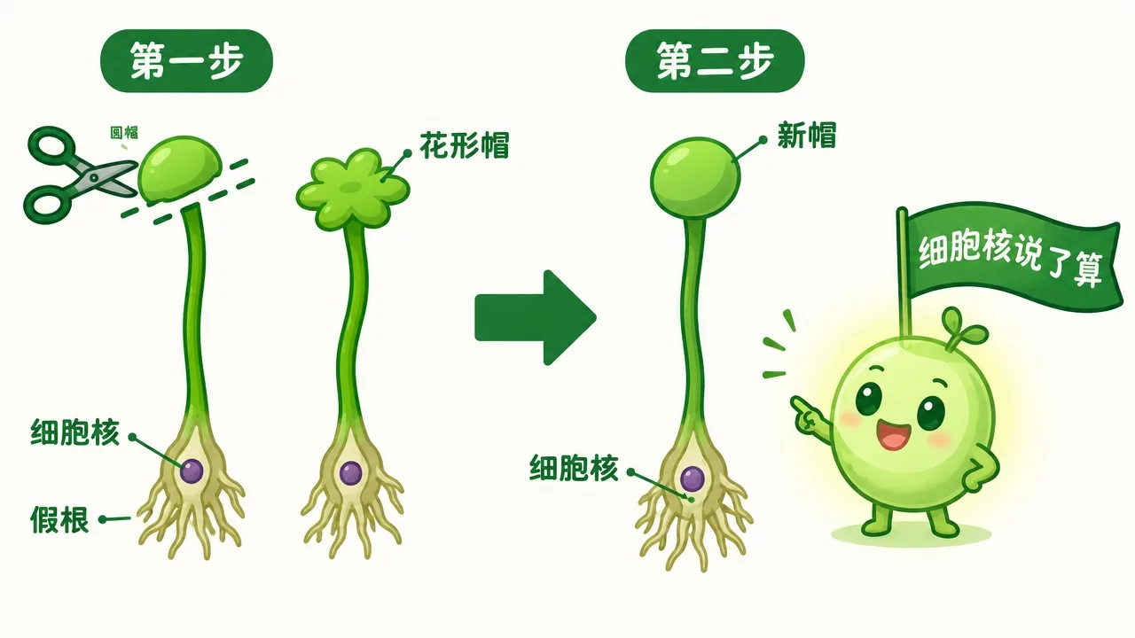 伞藻嫁接实验：新长出的帽子跟着细胞核走