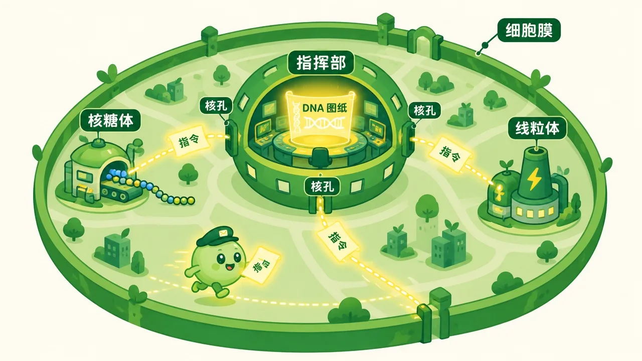 细胞核像指挥部，通过核孔把指令送到核糖体和线粒体