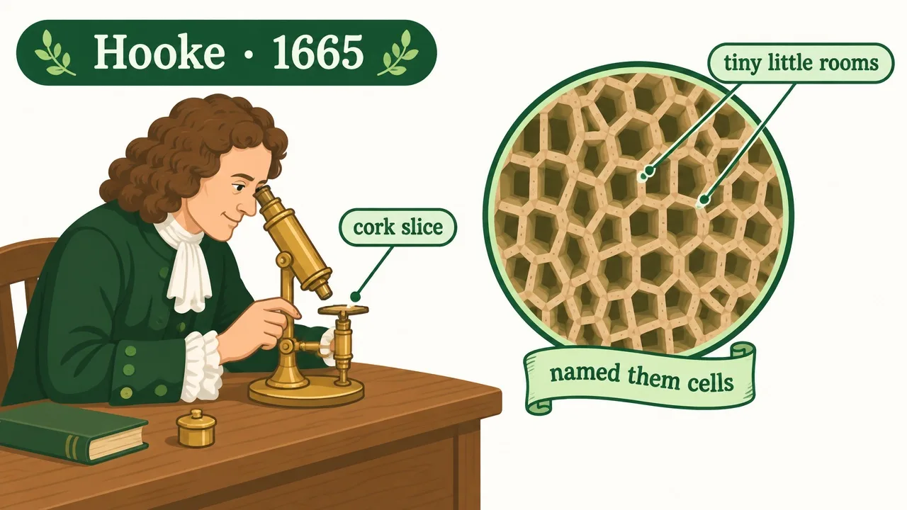 1665 年虎克用自制显微镜观察软木塞薄片，看到一格一格的小房间