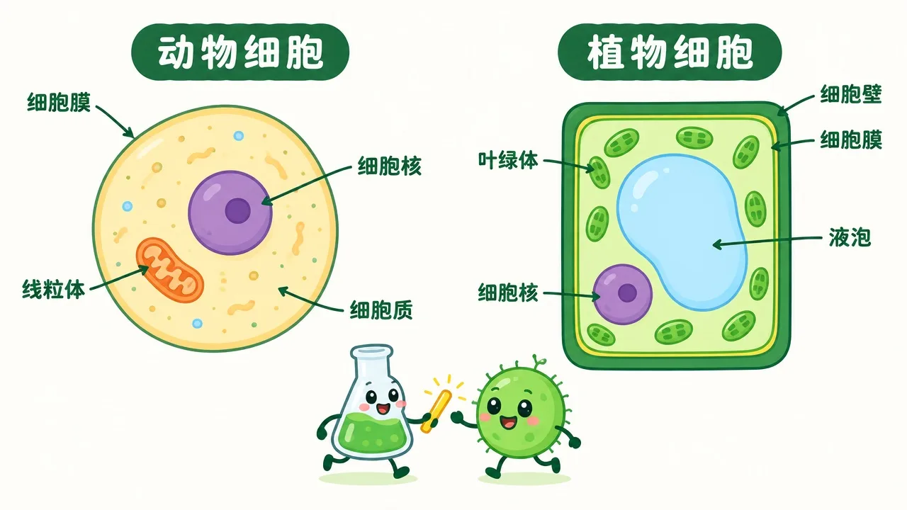 动物细胞与植物细胞并排解剖图，标注细胞膜、细胞核、线粒体、细胞壁、叶绿体、液泡