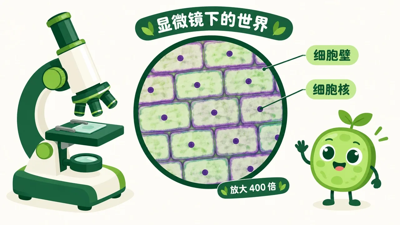 显微镜视野中的洋葱表皮细胞，标注细胞壁与细胞核