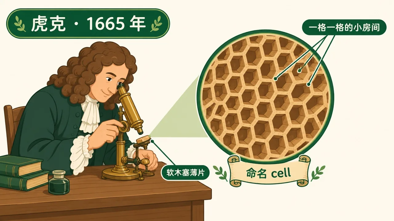 1665 年虎克用自制显微镜观察软木塞薄片，看到一格一格的小房间
