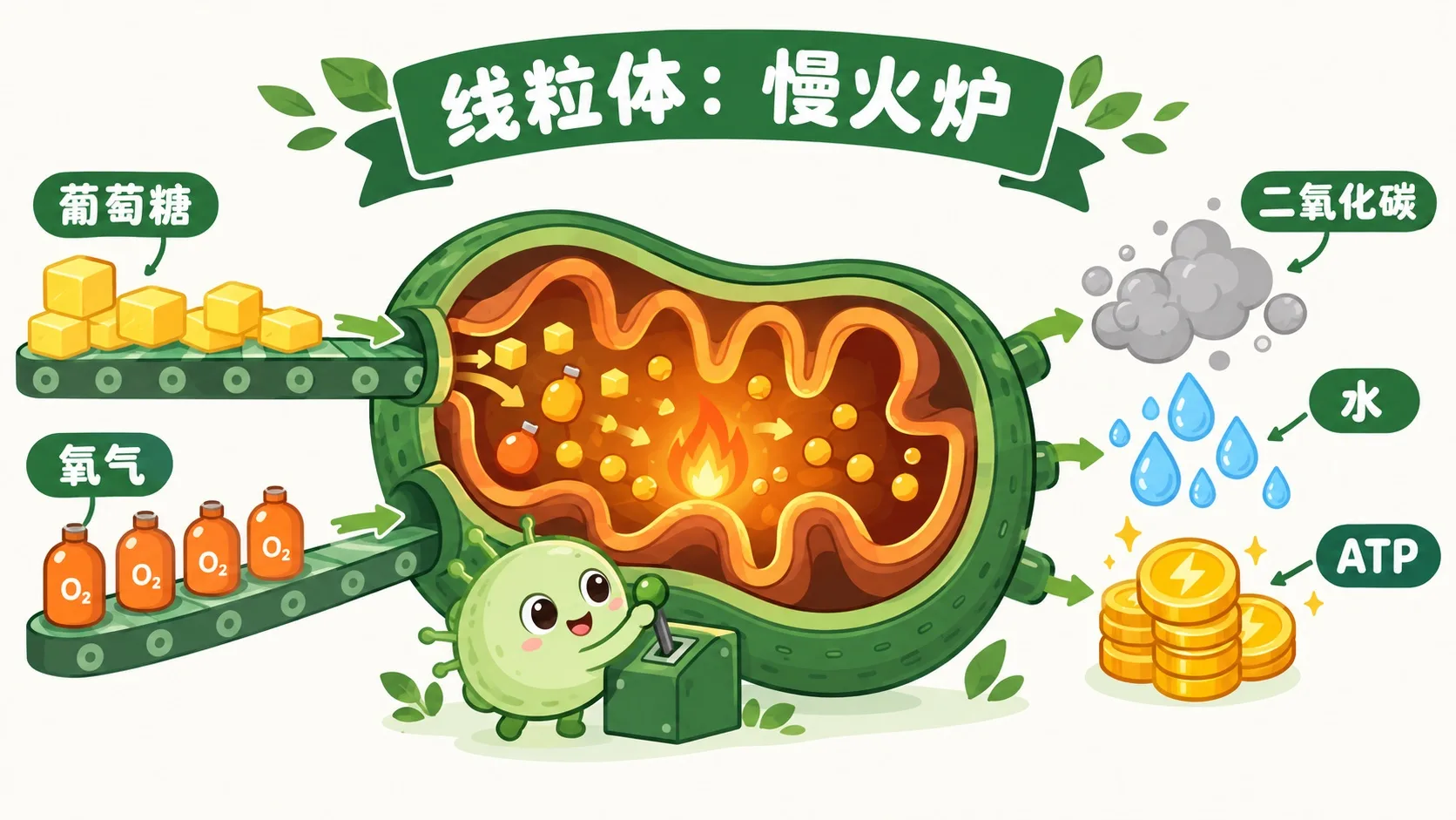 线粒体里的慢燃烧：葡萄糖和氧气变二氧化碳、水和 ATP