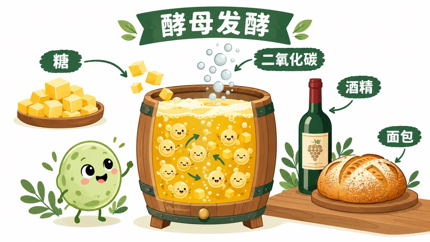 酵母无氧发酵：糖变酒精和二氧化碳