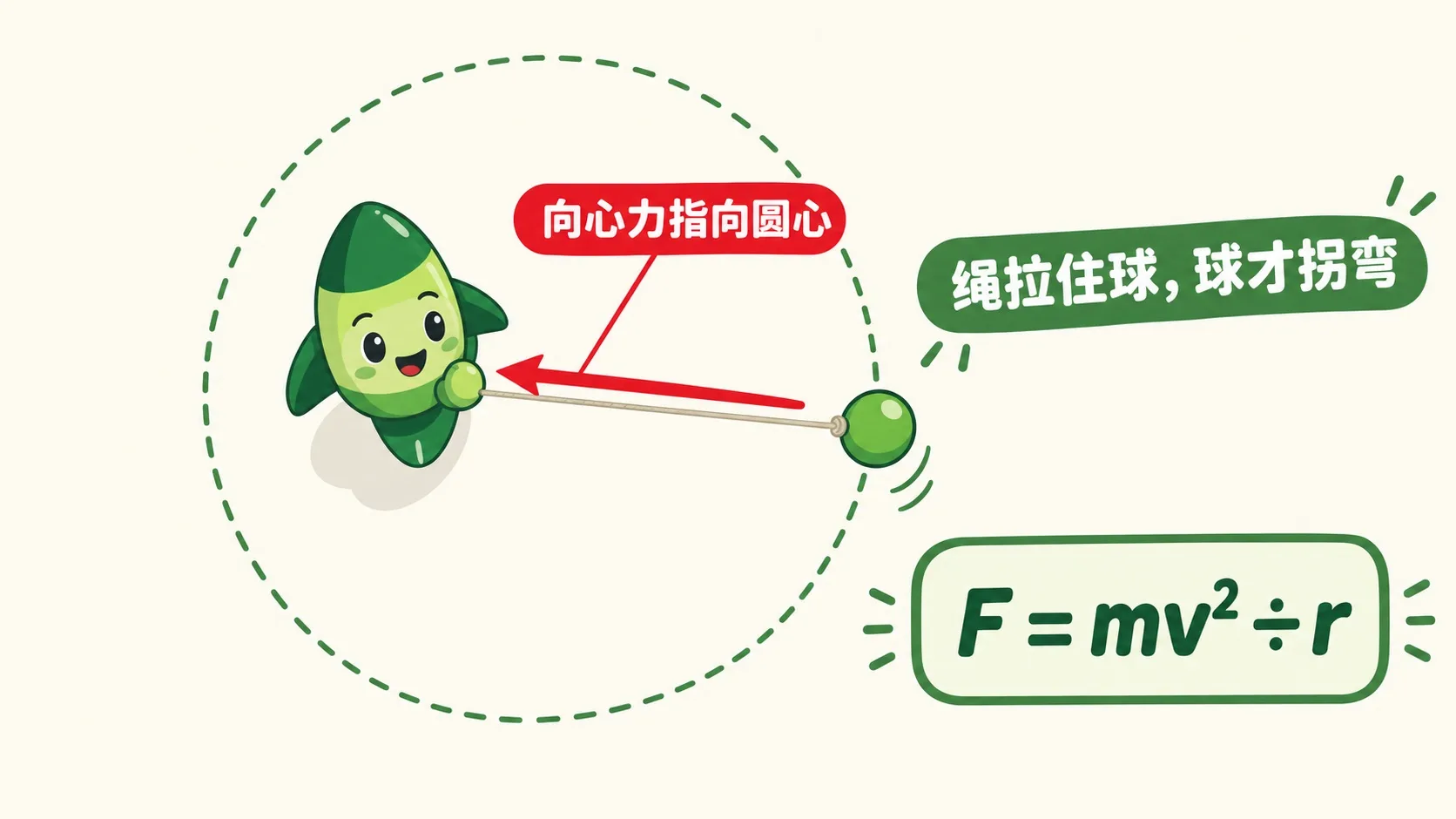 绳拴小球：向心力指向圆心