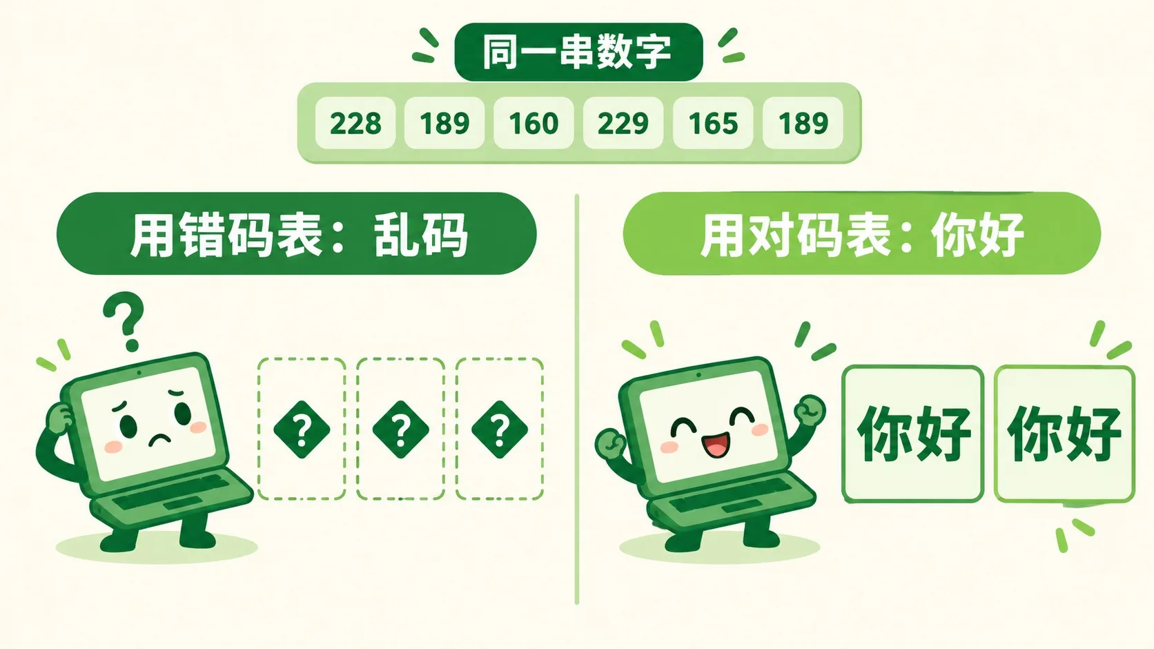同一串数字：用对表是“你好”，用错表是乱码