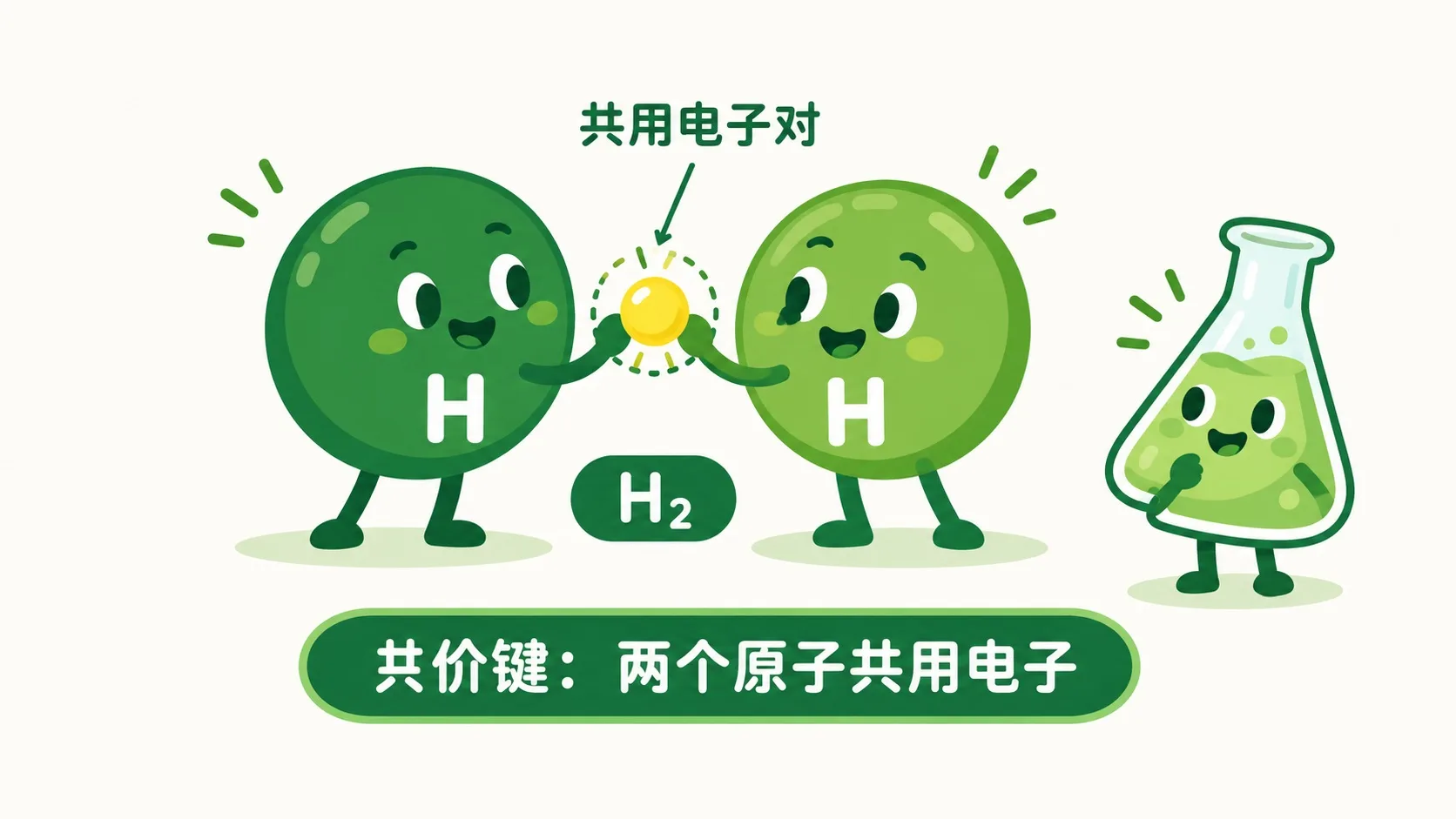 共价键：两个氢原子共用一对电子