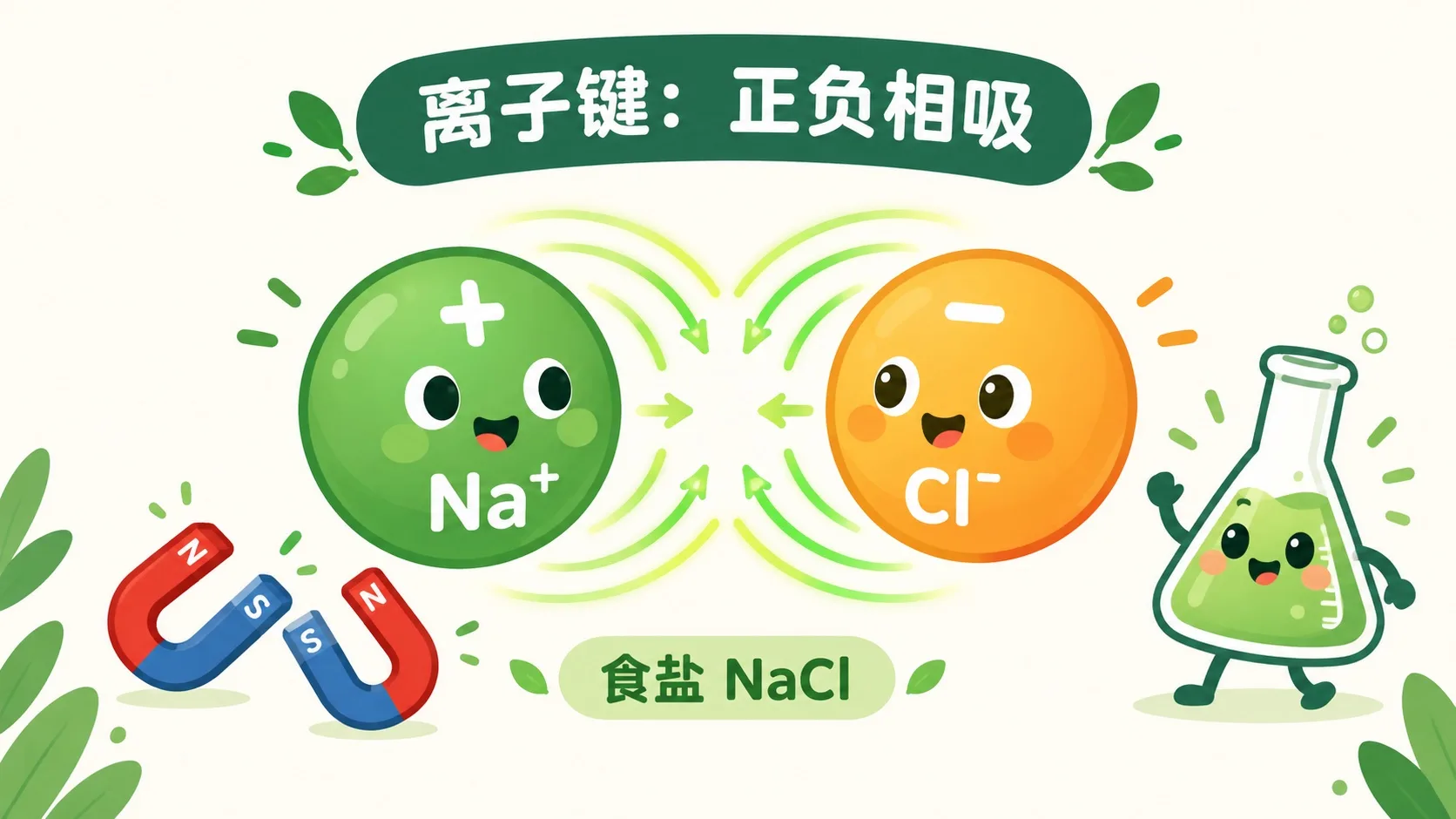 离子键：Na⁺ 与 Cl⁻ 正负电荷相吸