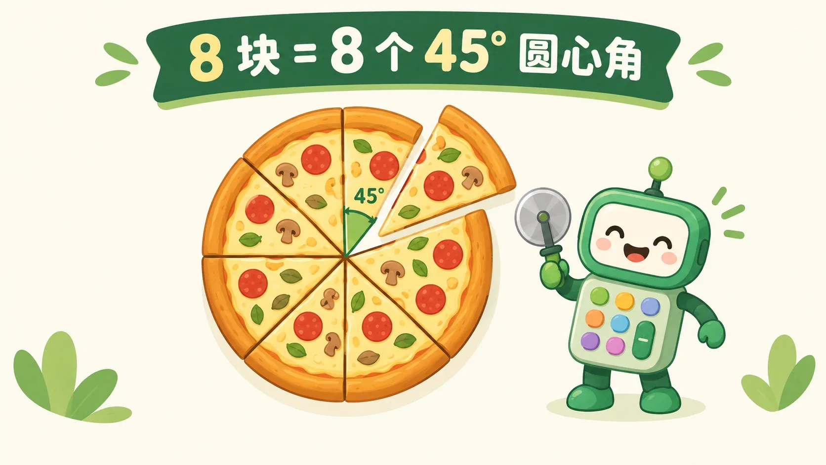 披萨切分等弧：圆心角相等，弧就相等