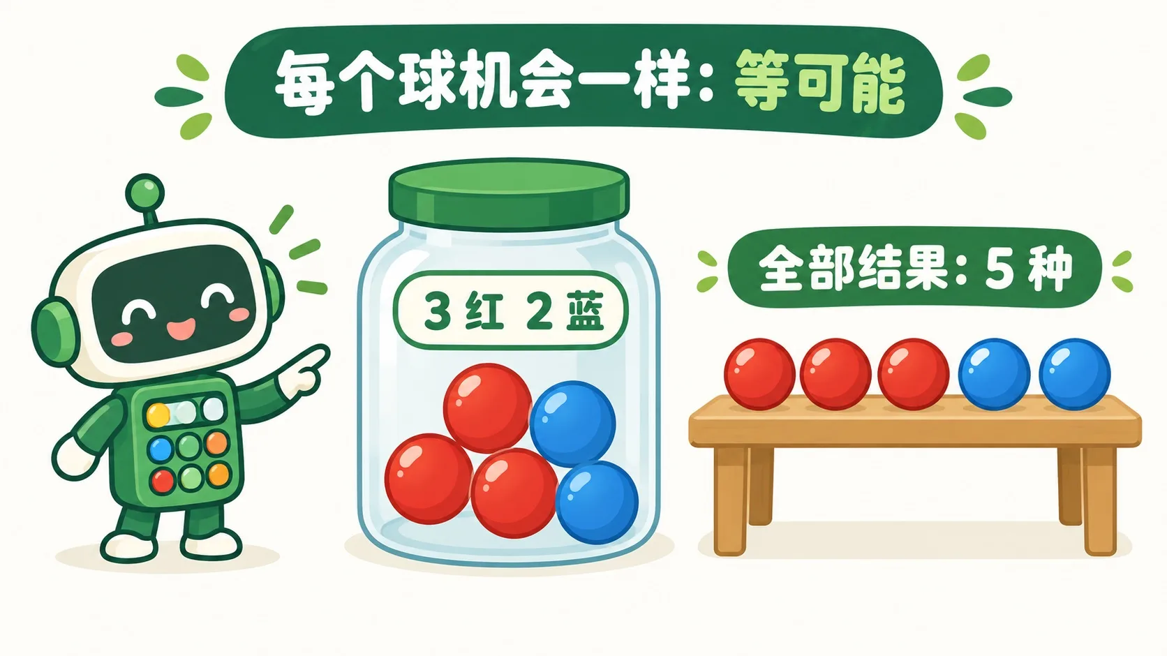 3 红 2 蓝的袋子和 5 种结果的清单