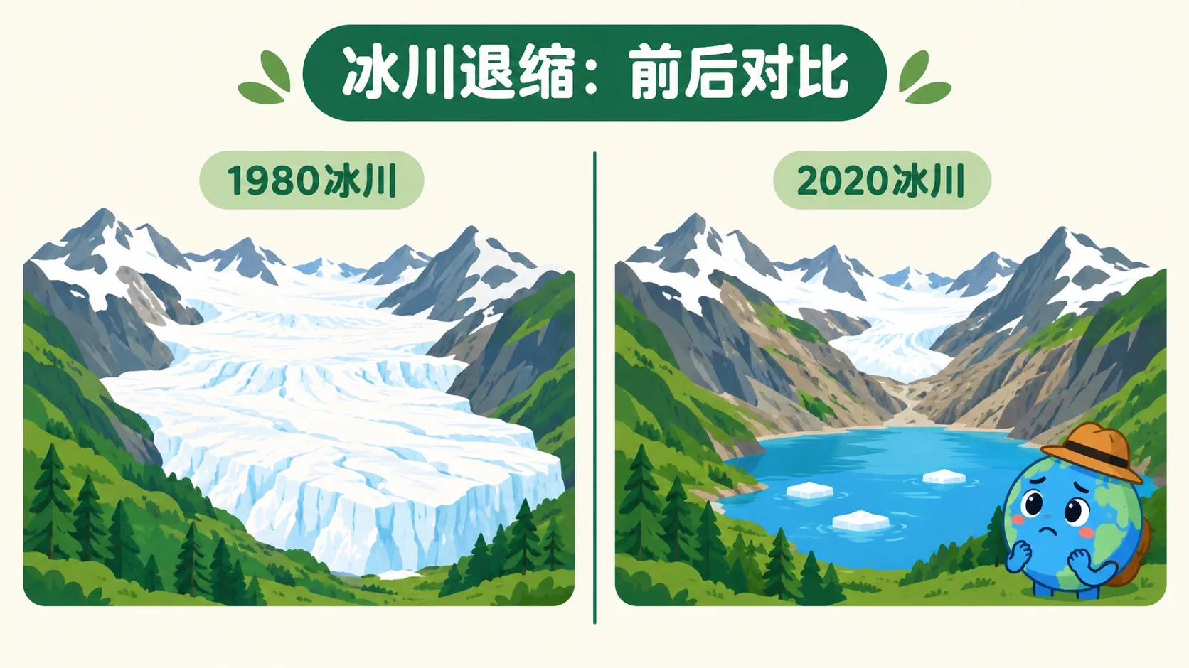 冰川退缩前后对比
