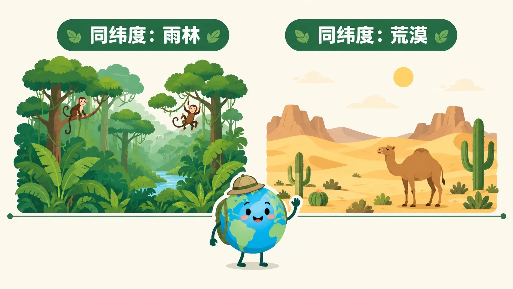 同纬度雨林与荒漠生物群落对比