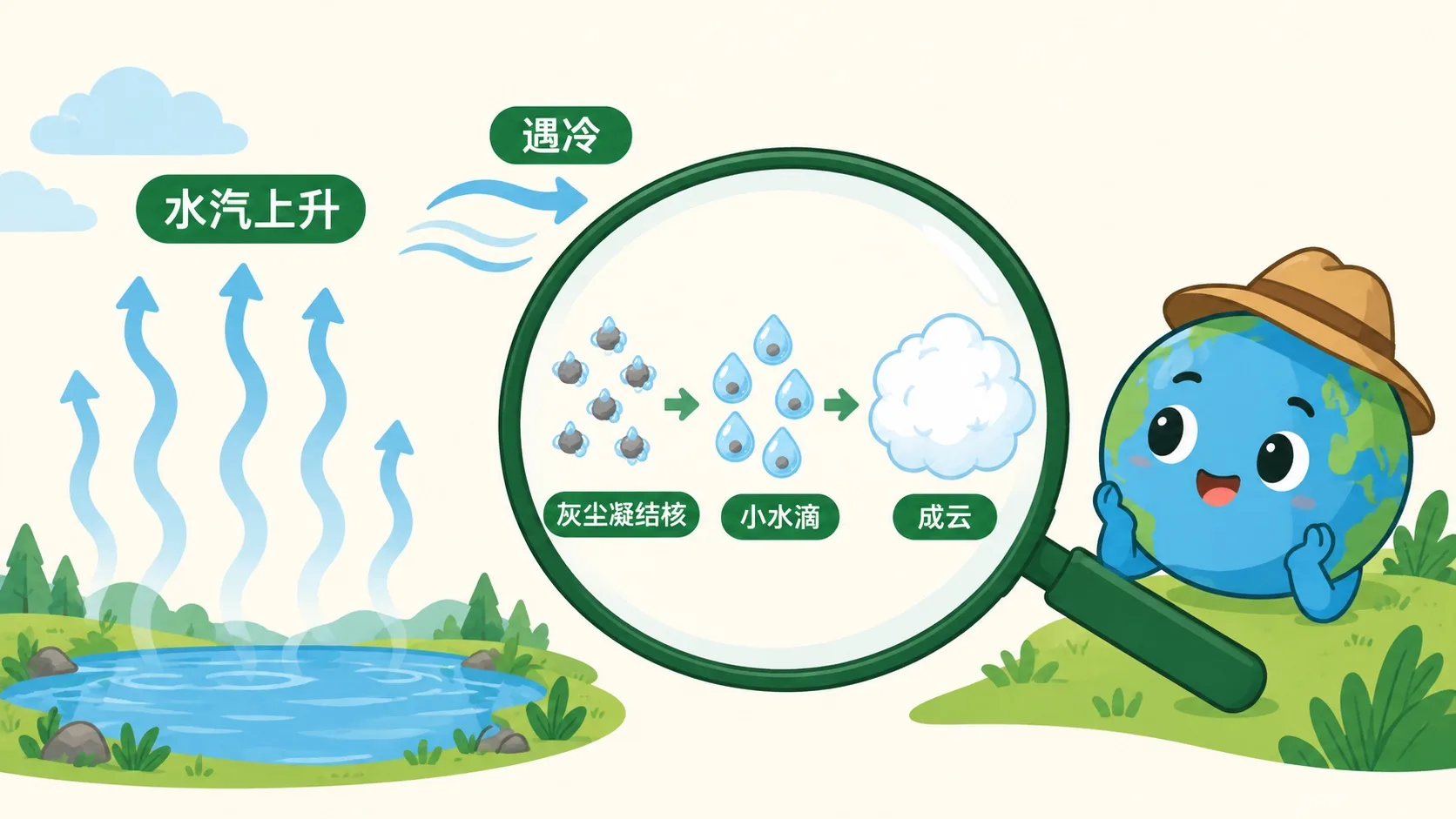 水汽上升遇冷，抱住凝结核聚成云滴