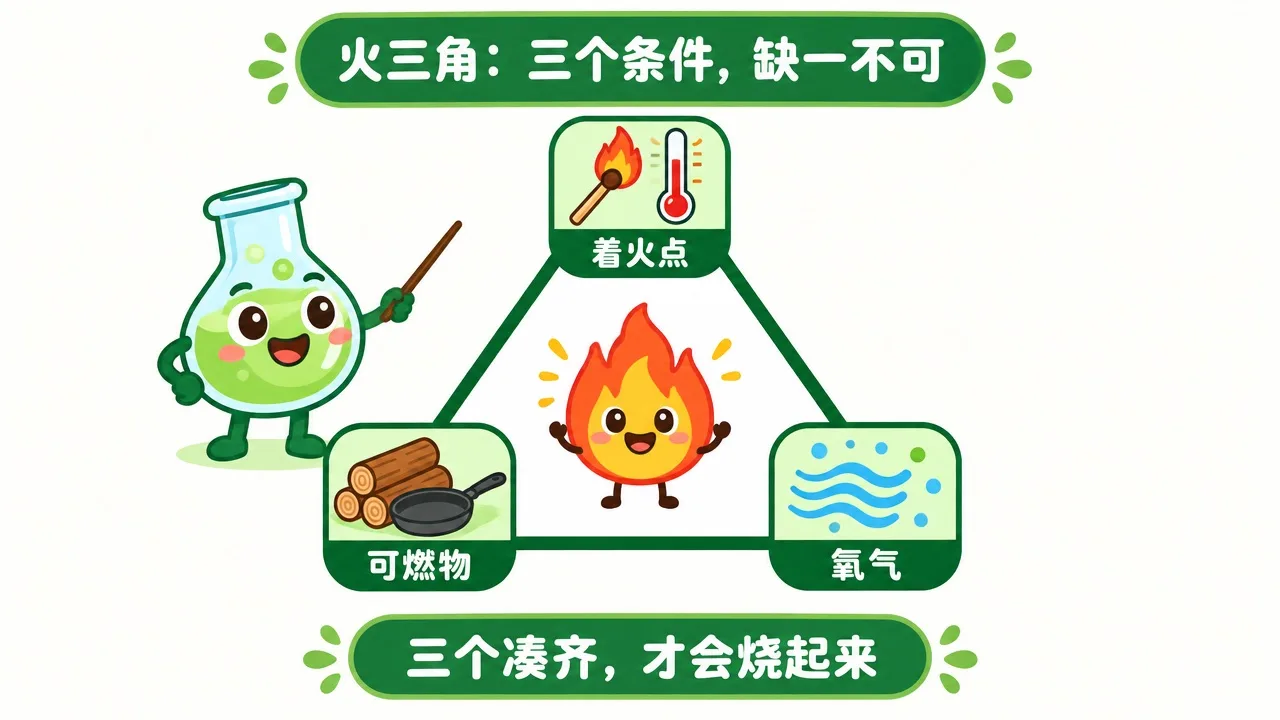 火三角：可燃物、氧气、着火点