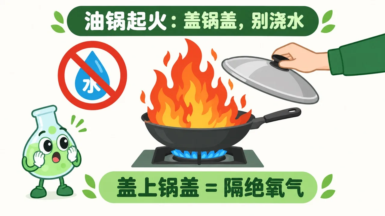油锅起火：盖锅盖，别浇水