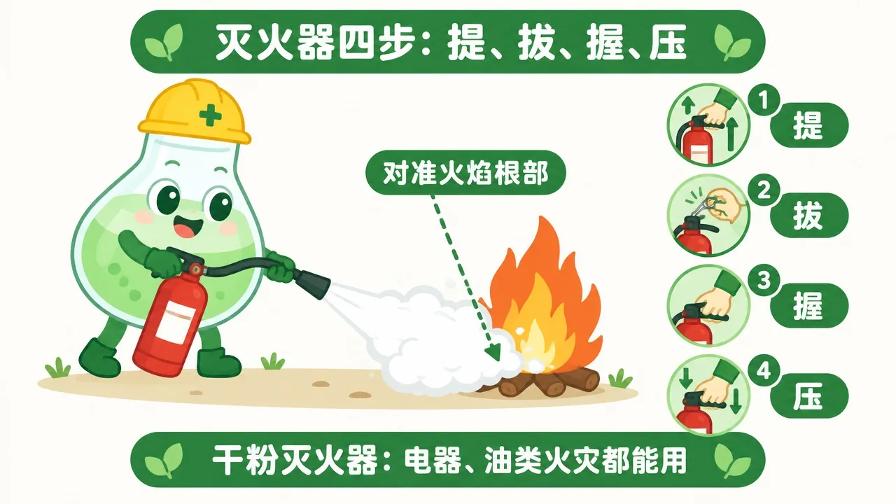 灭火器四步：提、拔、握、压