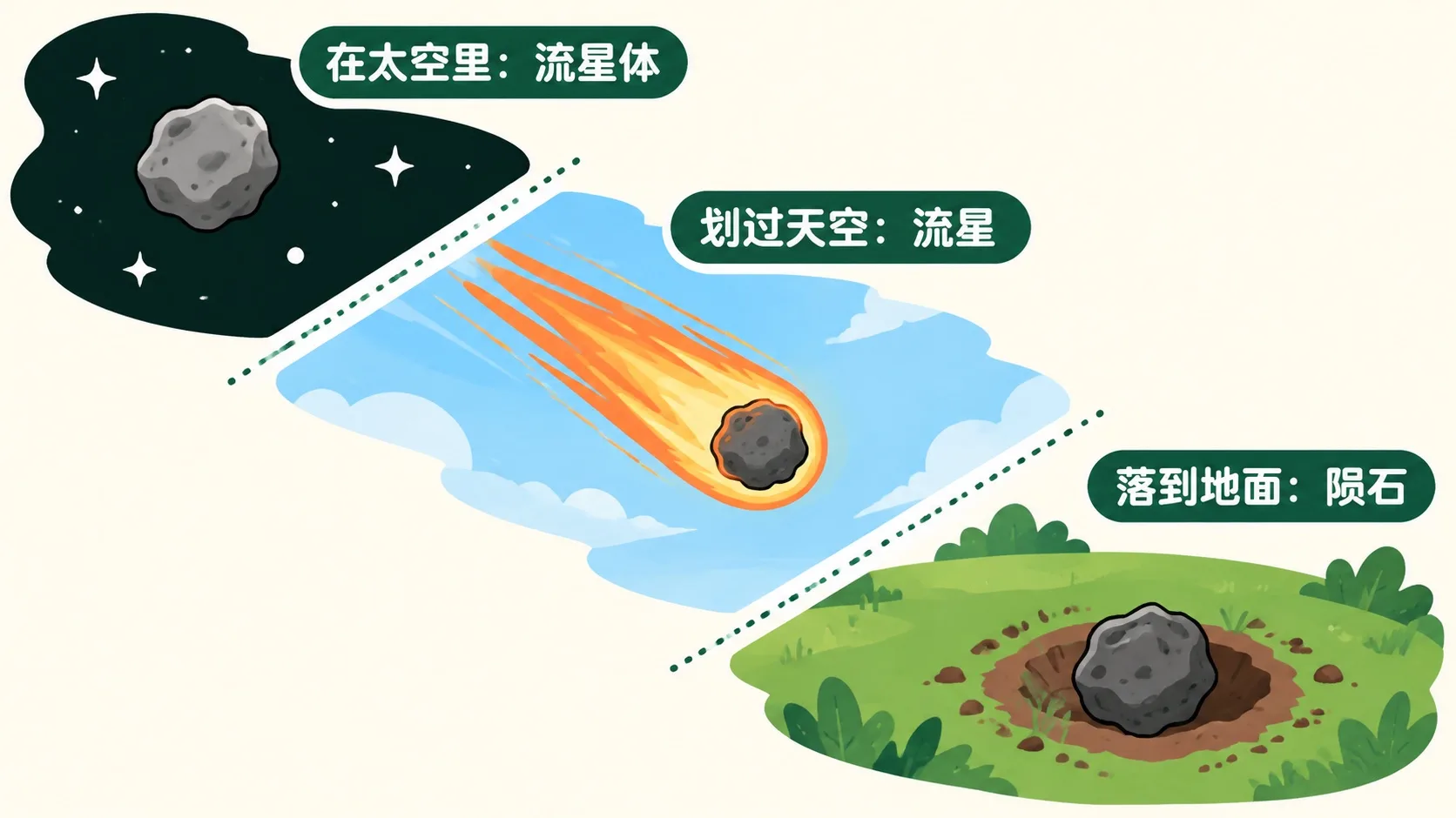 流星体、流星、陨石：同一块石头旅途中的三个名字